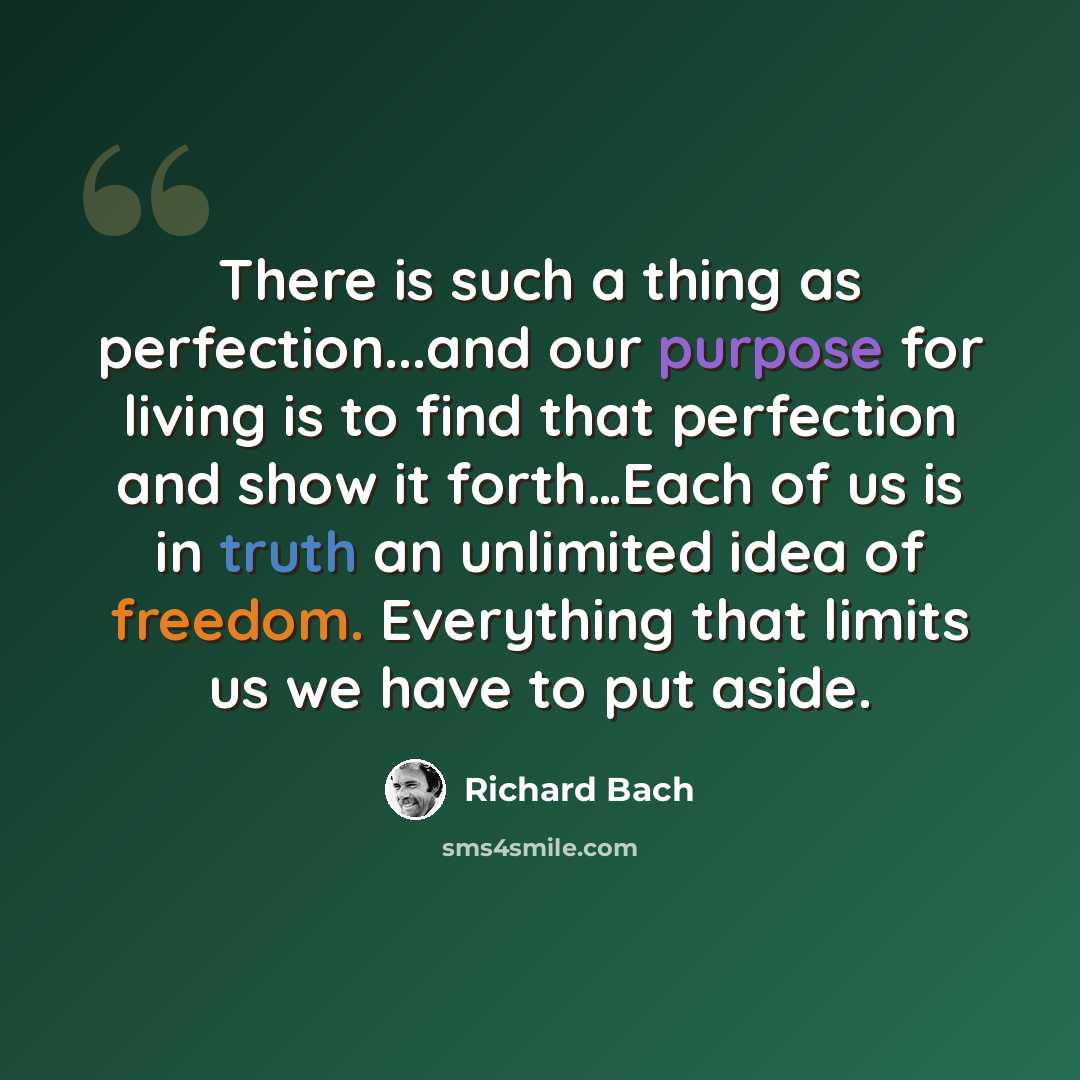 “There is such a thing as perfection...and our purpose for living is to find that perfection and show it forth…Each of us is in truth an unlimited idea of freedom. Everything that limits us we have to put aside.” quote by Richard Bach