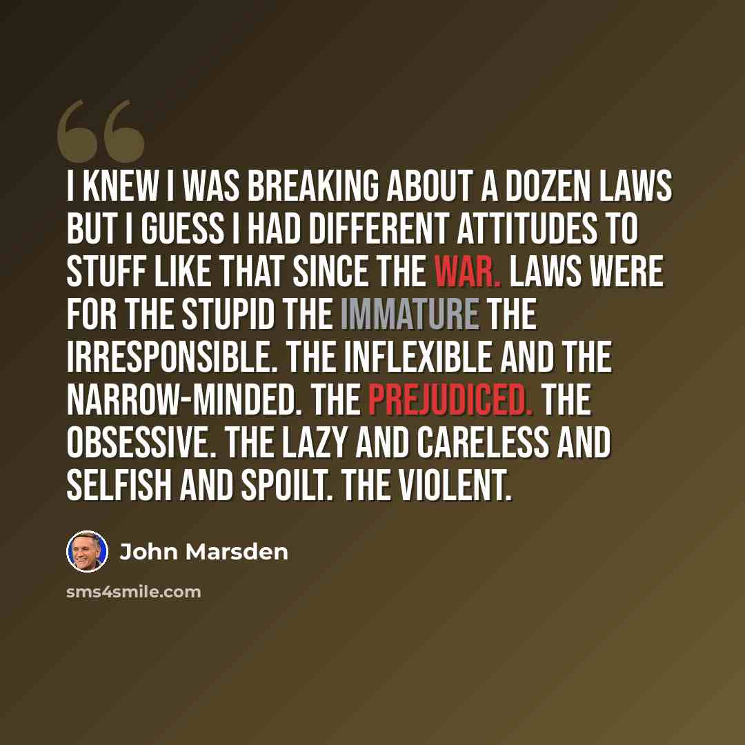 “I knew I was breaking about a dozen laws but I guess I had different attitudes to stuff like that since the war. Laws were for the stupid the immature the irresponsible. The inflexible and the narrow-minded. The prejudiced. The obsessive. The lazy and careless and selfish and spoilt. The violent.” quote by John Marsden
