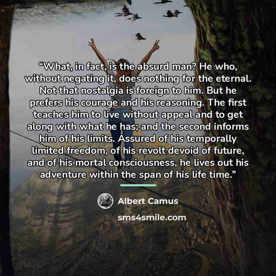“What, in fact, is the absurd man? He who, without negating it, does nothing for the eternal. Not that nostalgia is foreign to him. But he prefers his courage and his reasoning. The first teaches him to live without appeal and to get along with what he has; and the second informs him of his limits…” quote by Albert Camus