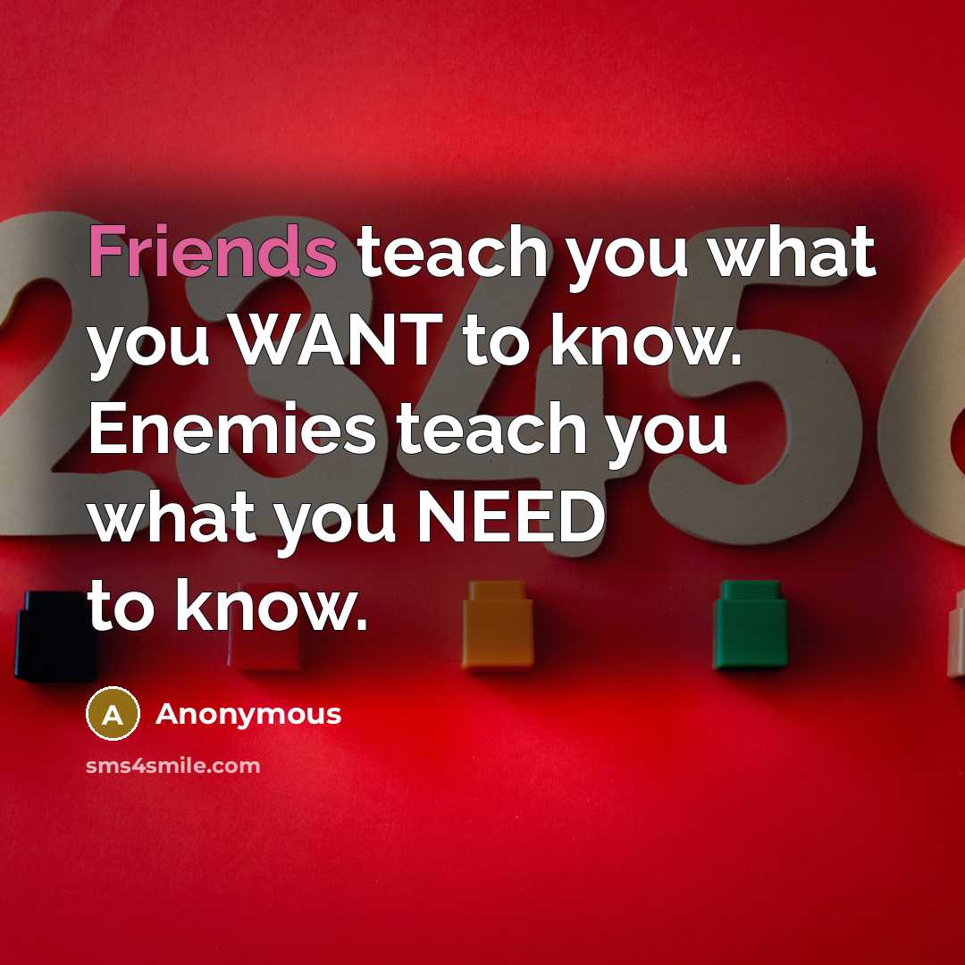 “Friends teach you what you WANT to know. Enemies teach you what you NEED to know.” quote by Anonymous