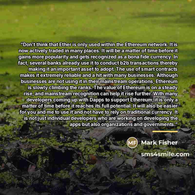 “Don’t think that Ether is only used within the Ethereum network. It is now actively traded in many places. It will be a matter of time before it gains more popularity and gets recognized as a bona fide currency. In fact, several banks already use it to conduct b2b transactions thereby making it an…” quote by Mark Fisher