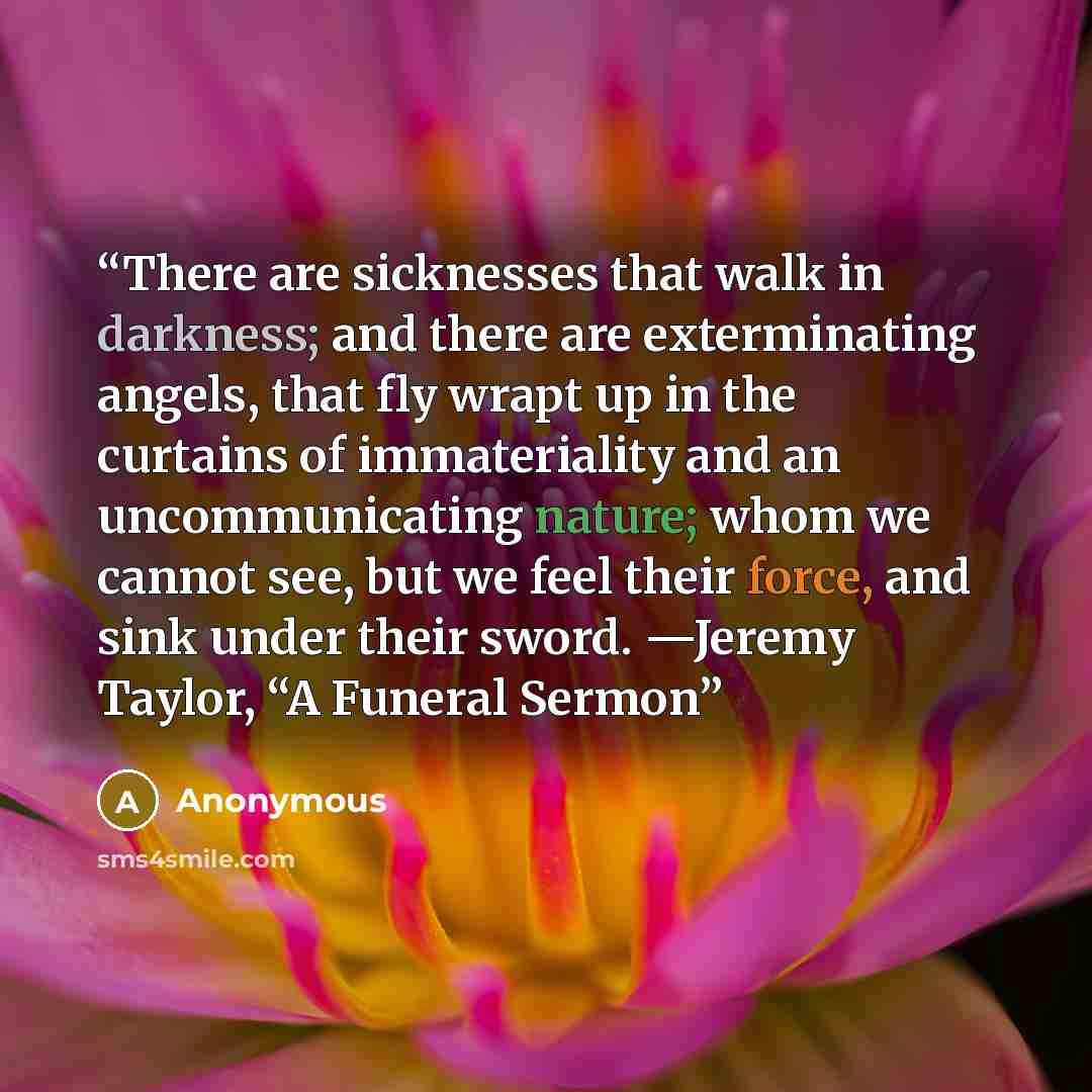 “There are sicknesses that walk in darkness; and there are exterminating angels, that fly wrapt up in the curtains of immateriality and an uncommunicating nature; whom we cannot see, but we feel their force, and sink under their sword. —Jeremy Taylor, “A Funeral Sermon” quote by Anonymous