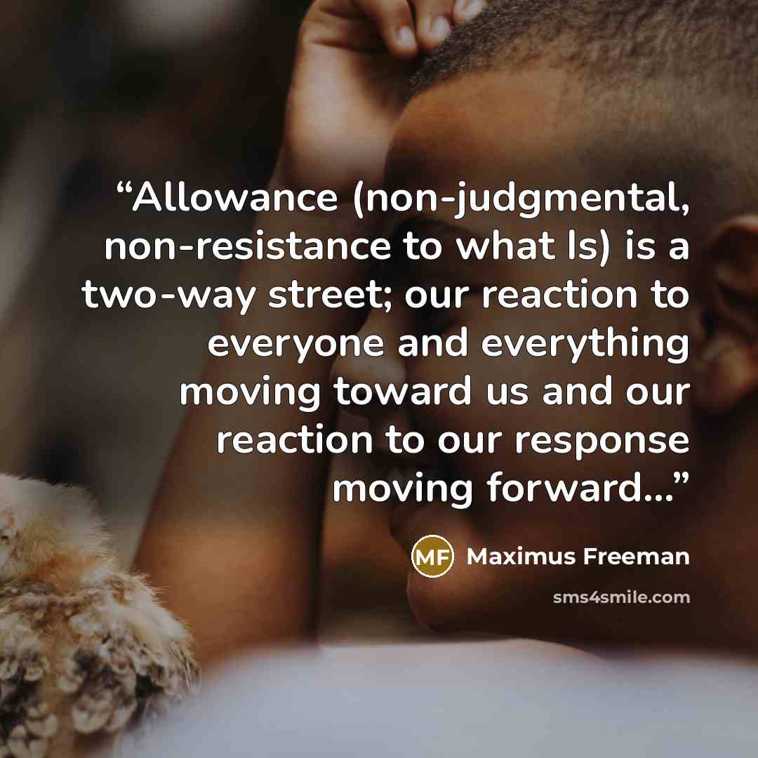 “Allowance (non-judgmental, non-resistance to what Is) is a two-way street; our reaction to everyone and everything moving toward us and our reaction to our response moving forward...” quote by Maximus Freeman