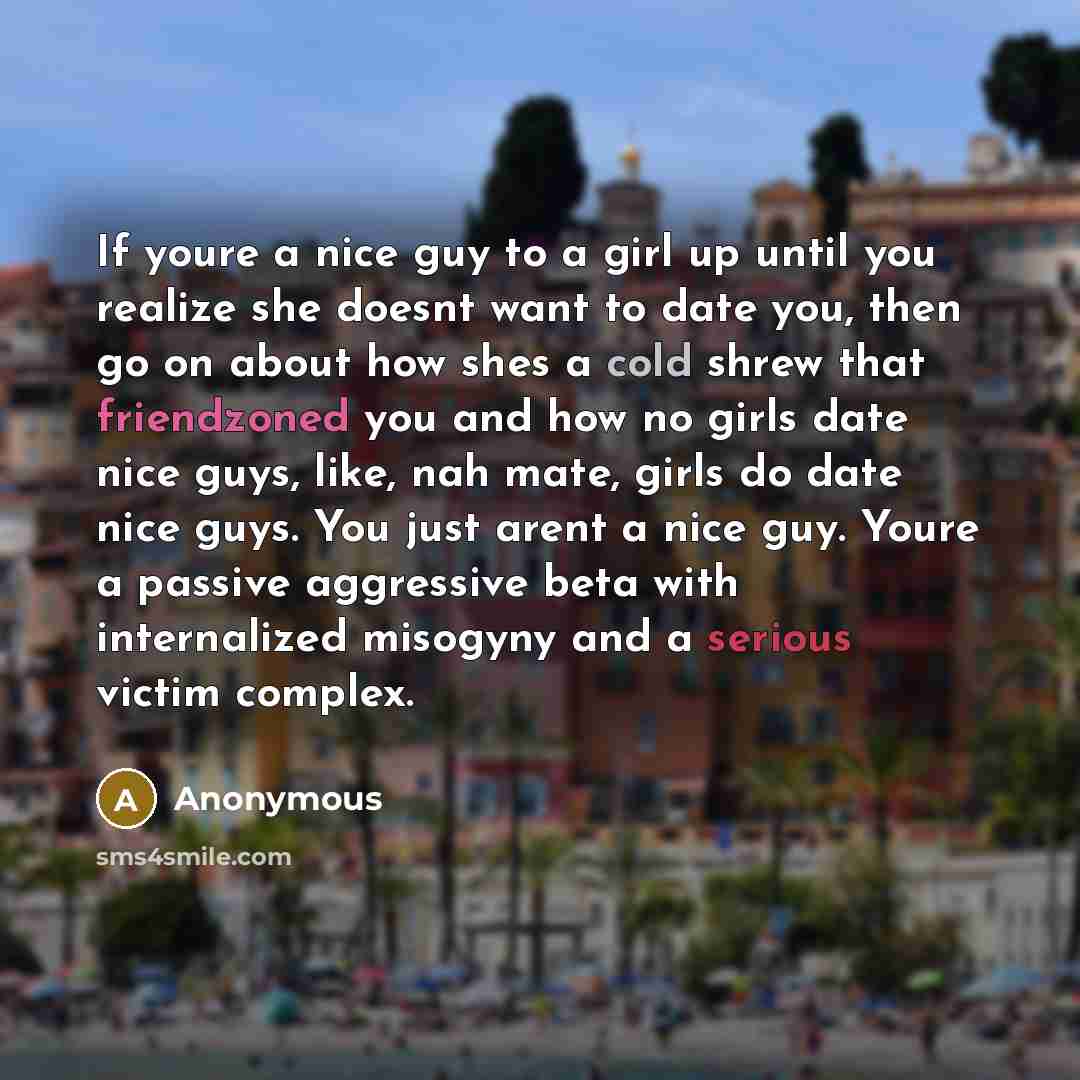 “If youre a nice guy to a girl up until you realize she doesnt want to date you, then go on about how shes a cold shrew that friendzoned you and how no girls date nice guys, like, nah mate, girls do date nice guys. You just arent a nice guy. Youre a passive aggressive beta with internalized…” quote by Anonymous
