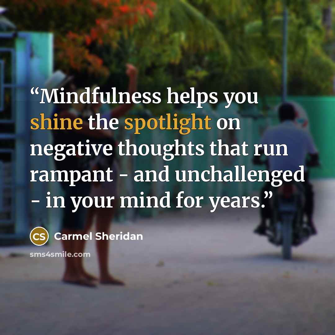 “Mindfulness helps you shine the spotlight on negative thoughts that run rampant - and unchallenged - in your mind for years.” quote by Carmel Sheridan