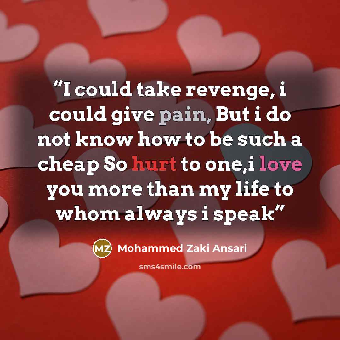“I could take revenge, i could give pain, But i do not know how to be such a cheap So hurt to one,i love you more than my life to whom always i speak” quote by Mohammed Zaki Ansari