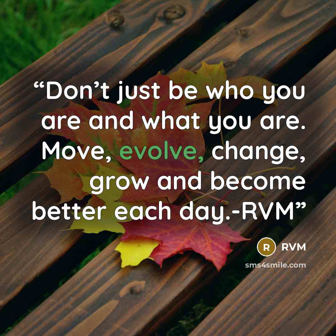 “Don’t just be who you are and what you are. Move, evolve, change, grow and become better each day.-RVM” quote by RVM