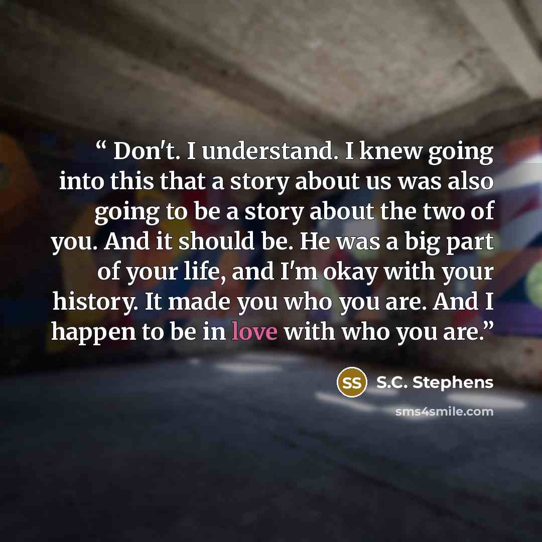 “Don't. I understand. I knew going into this that a story about us was also going to be a story about the two of you. And it should be. He was a big part of your life, and I'm okay with your history. It made you who you are. And I happen to be in love with who you are.” quote by S.C. Stephens