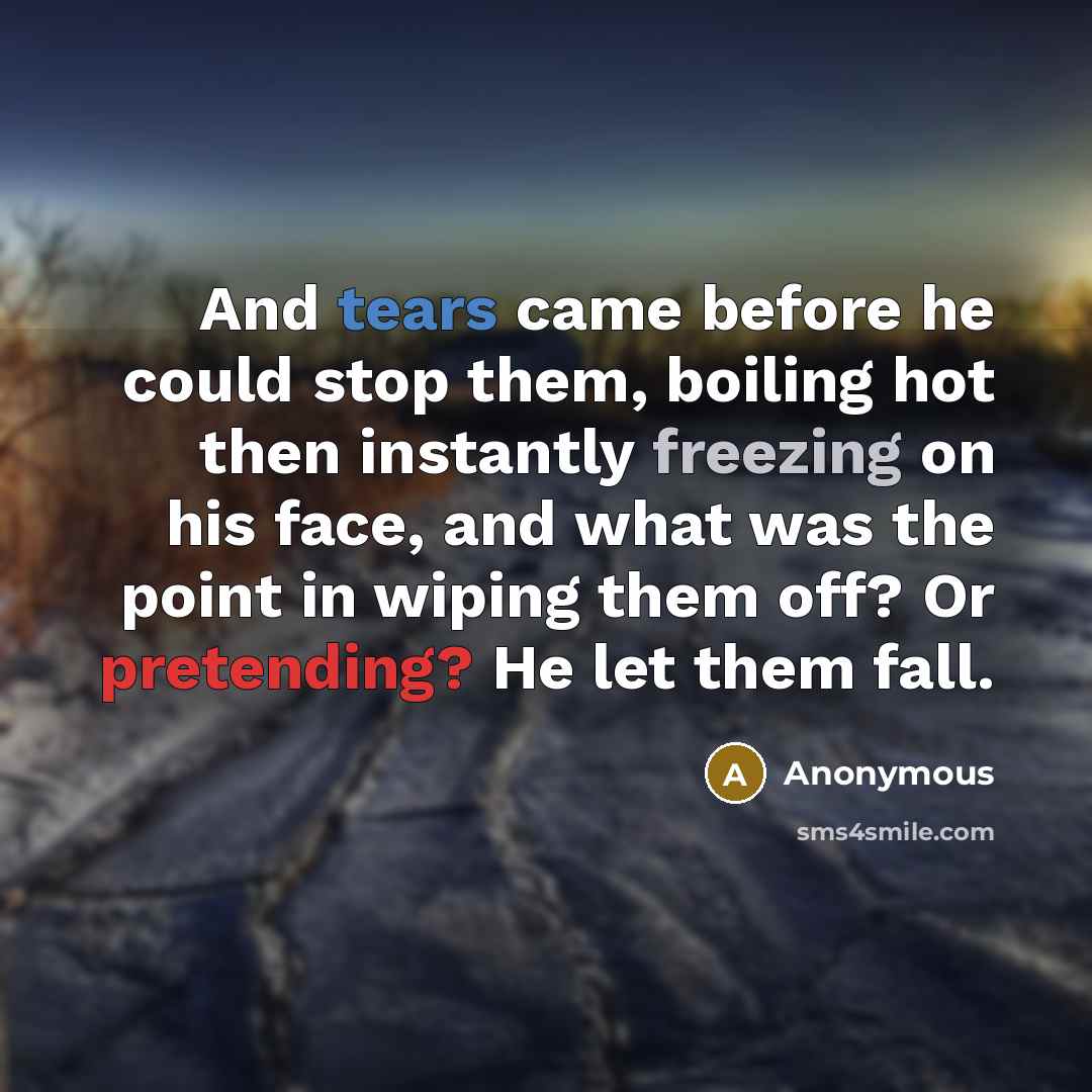 “And tears came before he could stop them, boiling hot then instantly freezing on his face, and what was the point in wiping them off? Or pretending? He let them fall.” quote by Anonymous