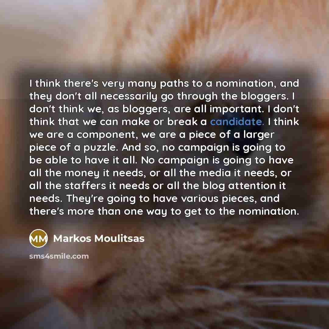 “I think there's very many paths to a nomination, and they don't all necessarily go through the bloggers. I don't think we, as bloggers, are all important. I don't think that we can make or break a candidate. I think we are a component, we are a piece of a larger piece of a puzzle. And so, no…” quote by Markos Moulitsas