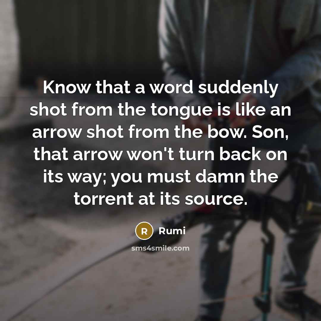 “Know that a word suddenly shot from the tongue is like an arrow shot from the bow. Son, that arrow won't turn back on its way; you must damn the torrent at its source.” quote by Rumi