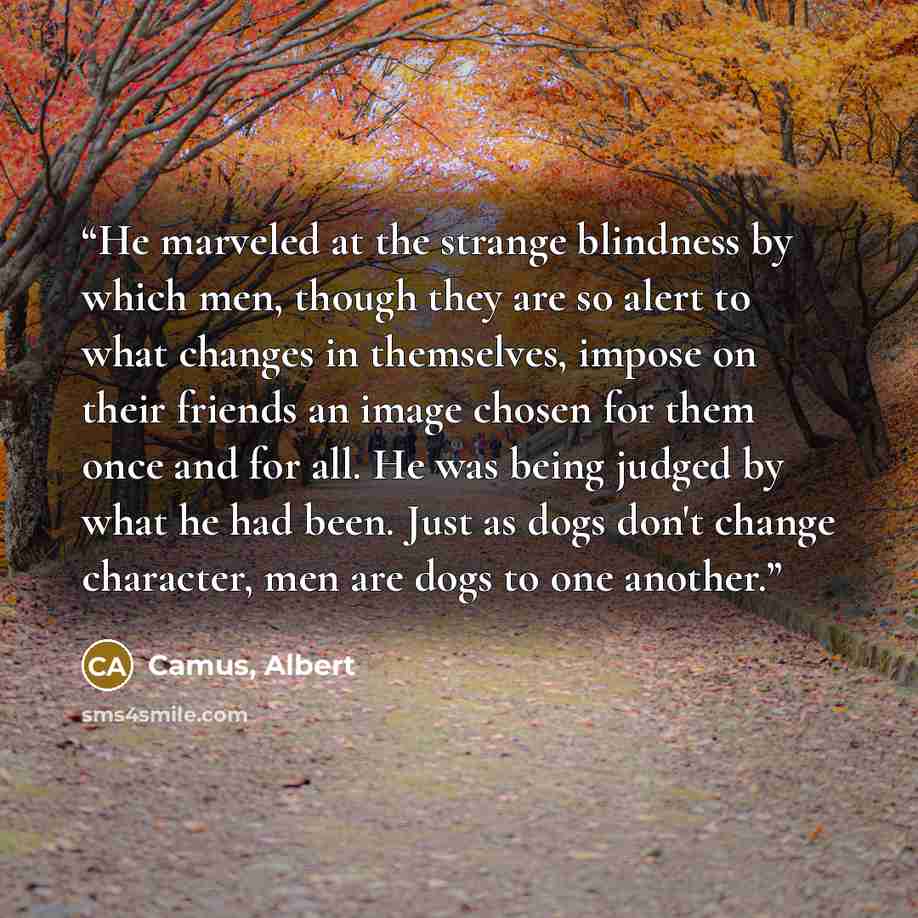 “He marveled at the strange blindness by which men, though they are so alert to what changes in themselves, impose on their friends an image chosen for them once and for all. He was being judged by what he had been. Just as dogs don't change character, men are dogs to one another.” quote by Camus, Albert