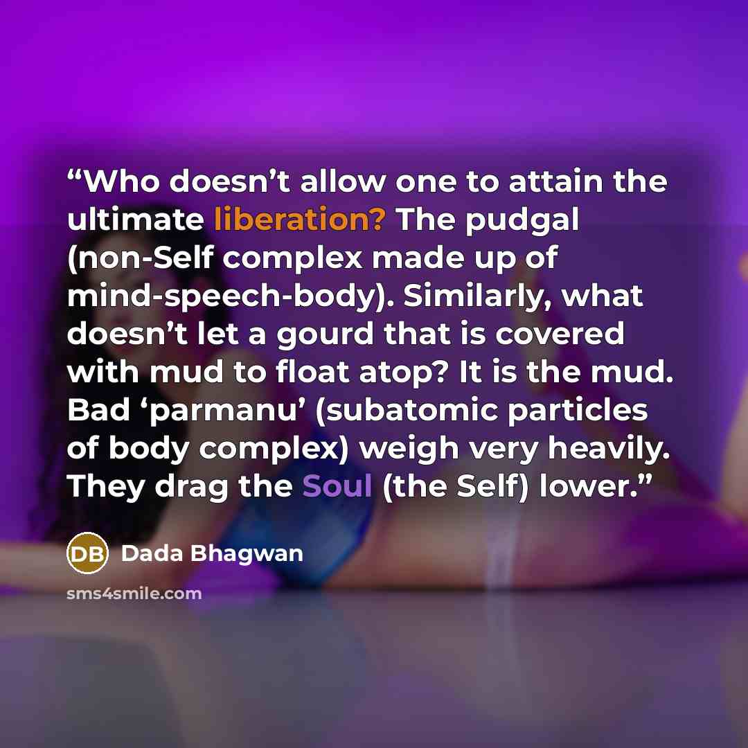“Who doesn’t allow one to attain the ultimate liberation? The pudgal (non-Self complex made up of mind-speech-body). Similarly, what doesn’t let a gourd that is covered with mud to float atop? It is the mud. Bad ‘parmanu’ (subatomic particles of body complex) weigh very heavily. They drag the Soul…” quote by Dada Bhagwan