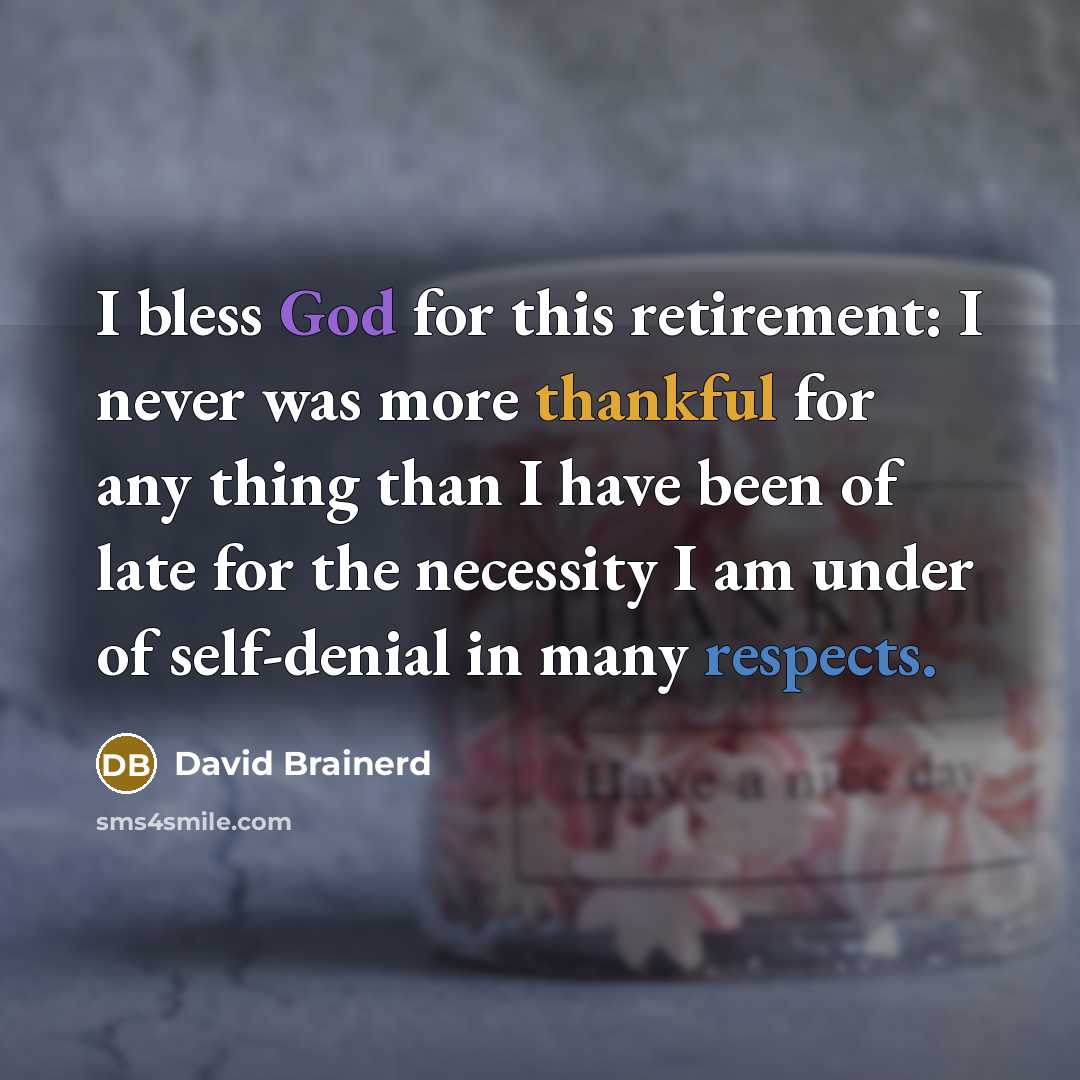 “I bless God for this retirement: I never was more thankful for any thing than I have been of late for the necessity I am under of self-denial in many respects.” quote by David Brainerd