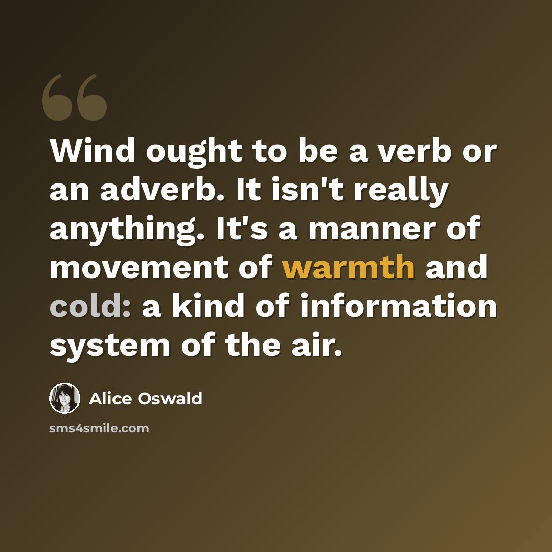“Wind ought to be a verb or an adverb. It isn't really anything. It's a manner of movement of warmth and cold: a kind of information system of the air.” quote by Alice Oswald