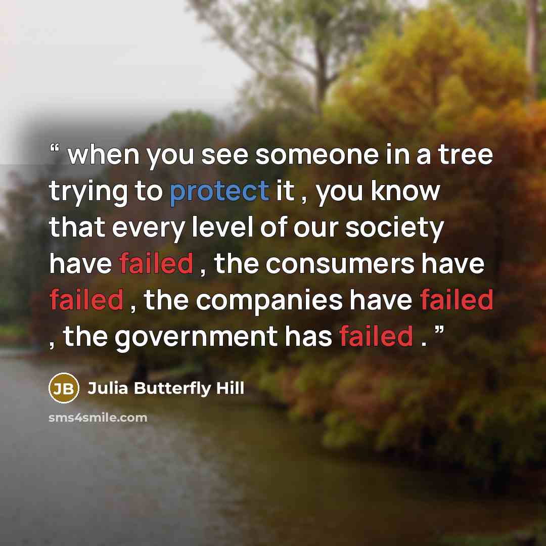 “when you see someone in a tree trying to protect it , you know that every level of our society have failed , the consumers have failed , the companies have failed , the government has failed .” quote by Julia Butterfly Hill