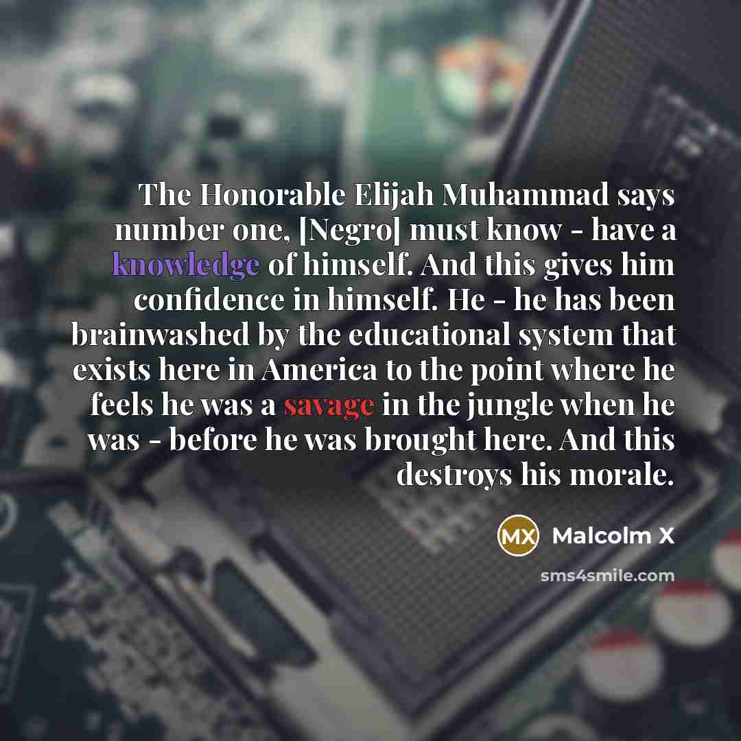 “The Honorable Elijah Muhammad says number one, [Negro] must know - have a knowledge of himself. And this gives him confidence in himself. He - he has been brainwashed by the educational system that exists here in America to the point where he feels he was a savage in the jungle when he was…” quote by Malcolm X