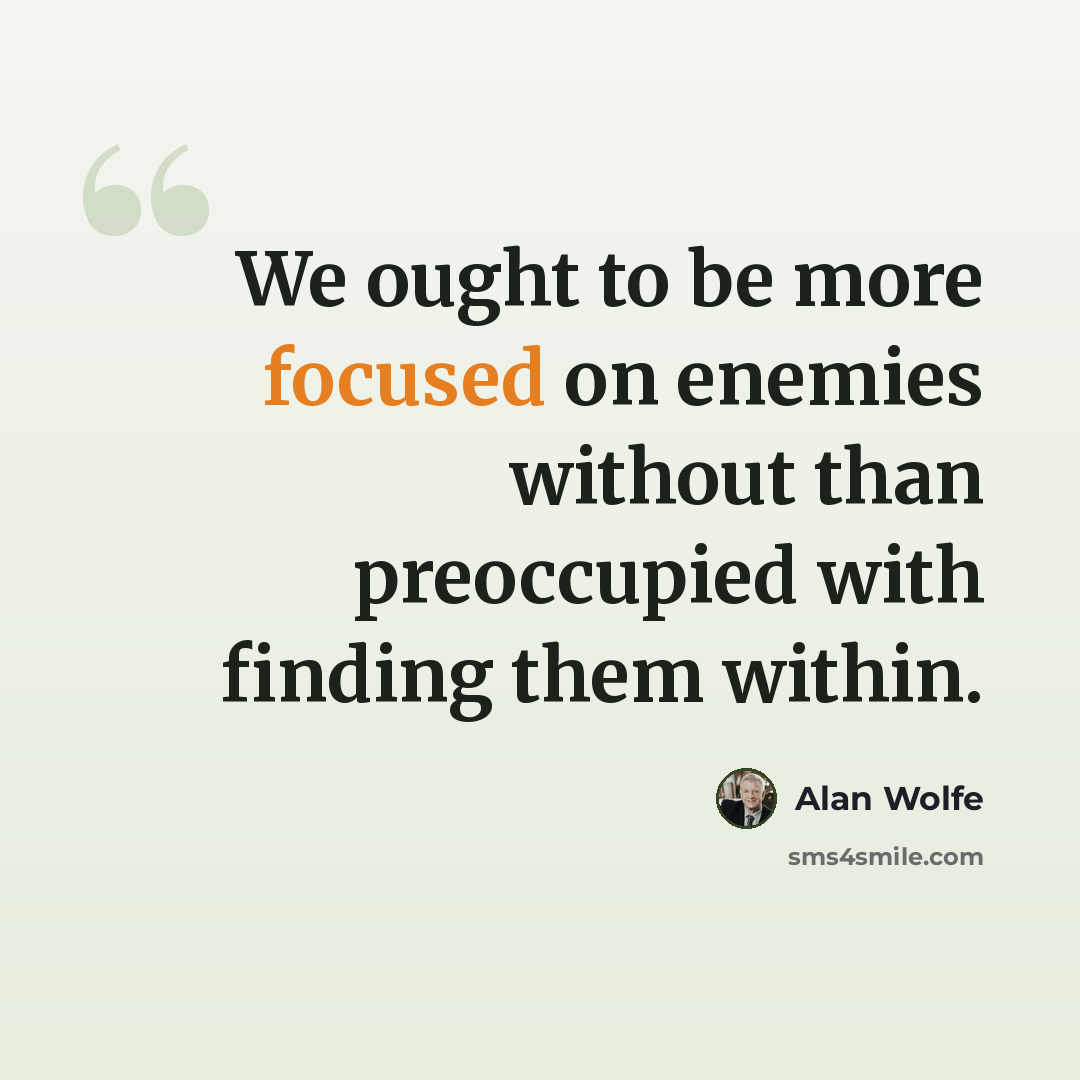 “We ought to be more focused on enemies without than preoccupied with finding them within.” quote by Alan Wolfe
