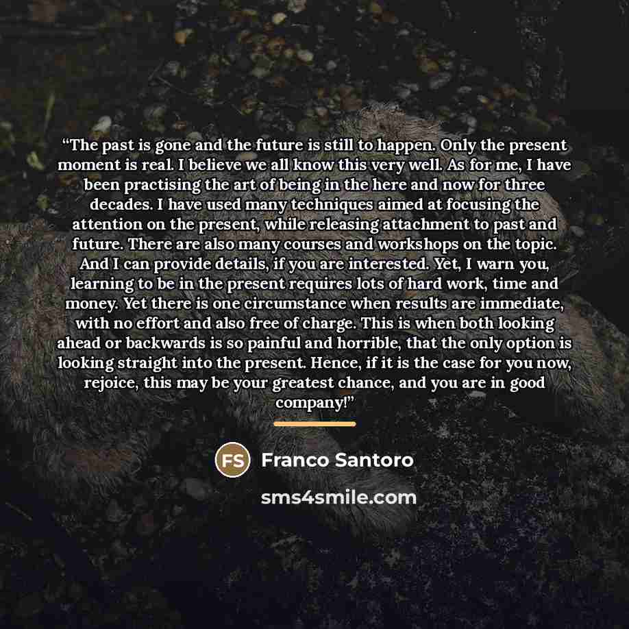 “The past is gone and the future is still to happen. Only the present moment is real. I believe we all know this very well. As for me, I have been practising the art of being in the here and now for three decades. I have used many techniques aimed at focusing the attention on the present, while…” quote by Franco Santoro