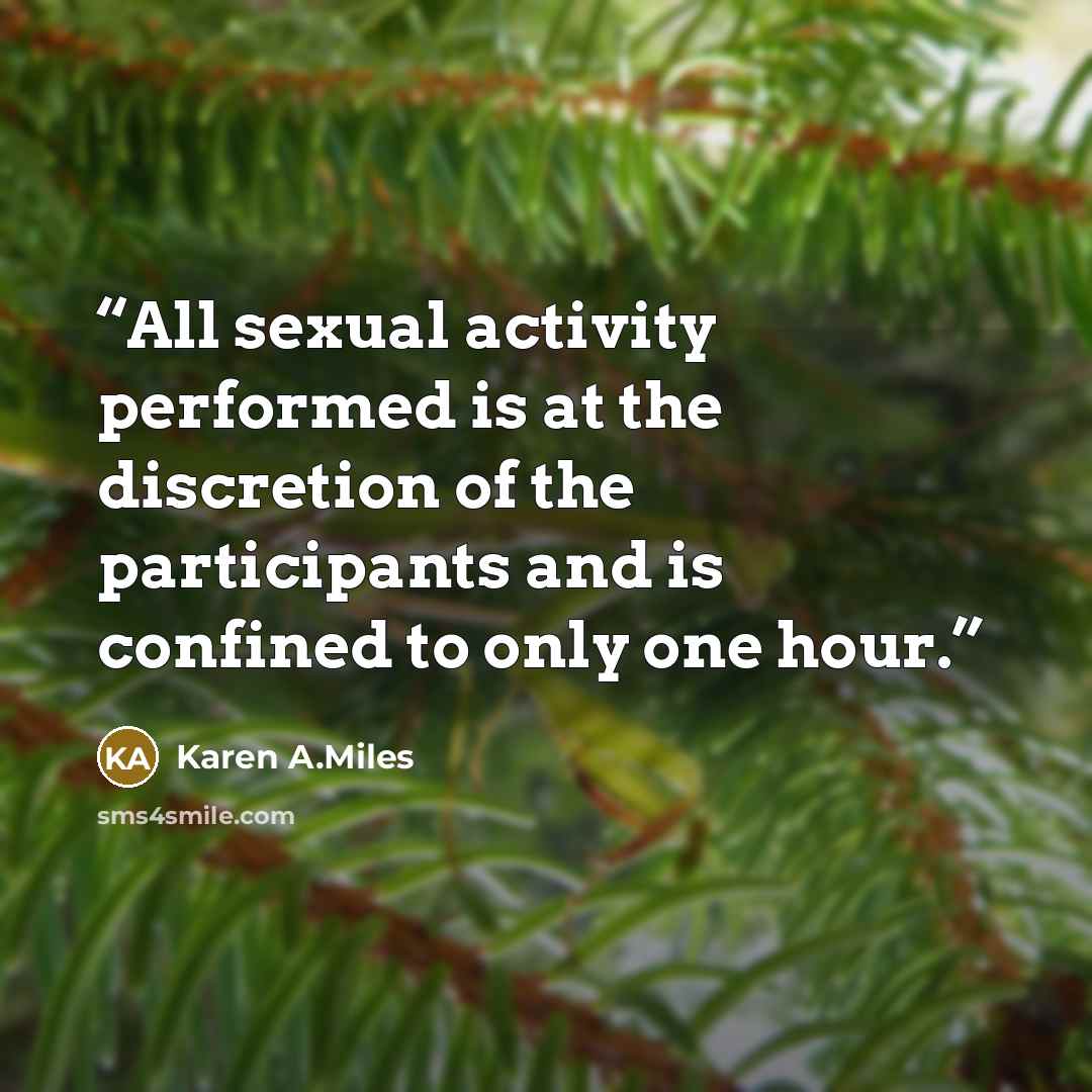 “All sexual activity performed is at the discretion of the participants and is confined to only one hour.” quote by Karen A.Miles