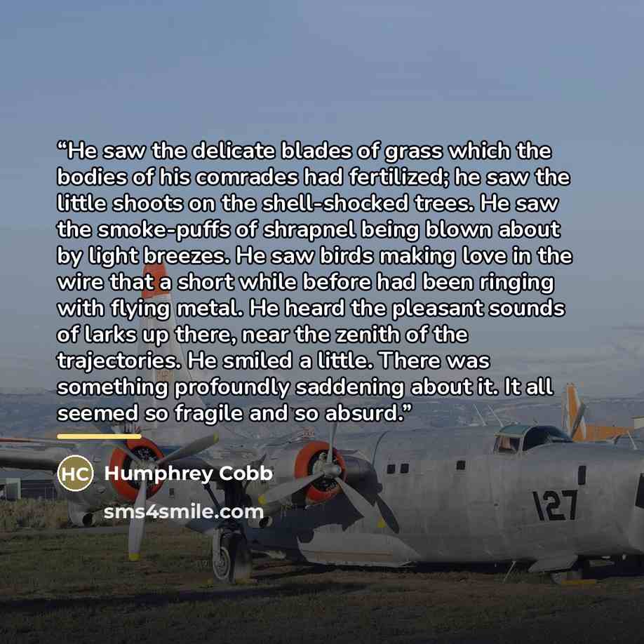 “He saw the delicate blades of grass which the bodies of his comrades had fertilized; he saw the little shoots on the shell-shocked trees. He saw the smoke-puffs of shrapnel being blown about by light breezes. He saw birds making love in the wire that a short while before had been ringing with…” quote by Humphrey Cobb