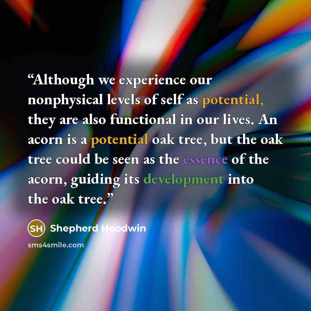 “Although we experience our nonphysical levels of self as potential, they are also functional in our lives. An acorn is a potential oak tree, but the oak tree could be seen as the essence of the acorn, guiding its development into the oak tree.” quote by Shepherd Hoodwin