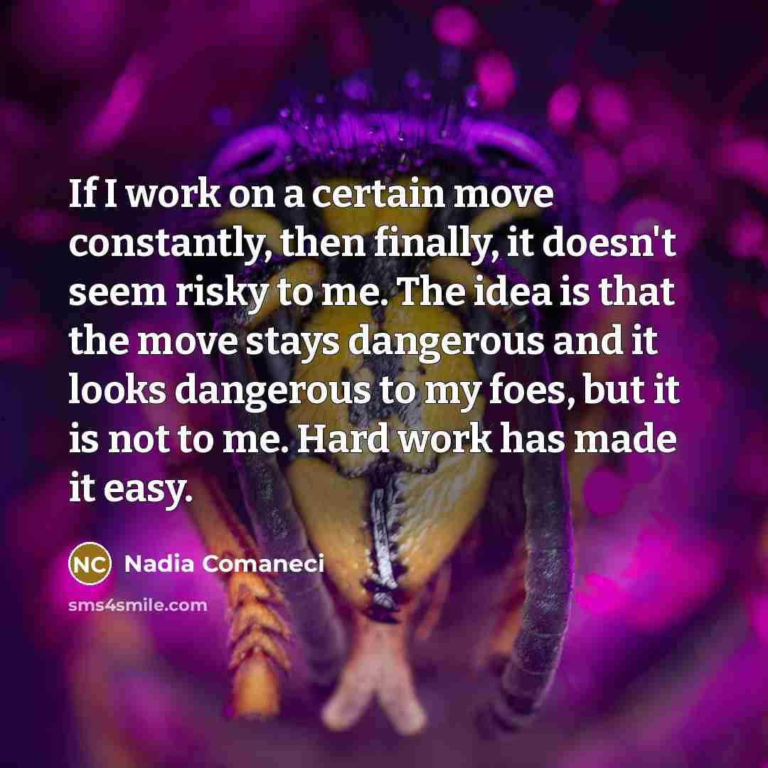 “If I work on a certain move constantly, then finally, it doesn't seem risky to me. The idea is that the move stays dangerous and it looks dangerous to my foes, but it is not to me. Hard work has made it easy.” quote by Nadia Comaneci