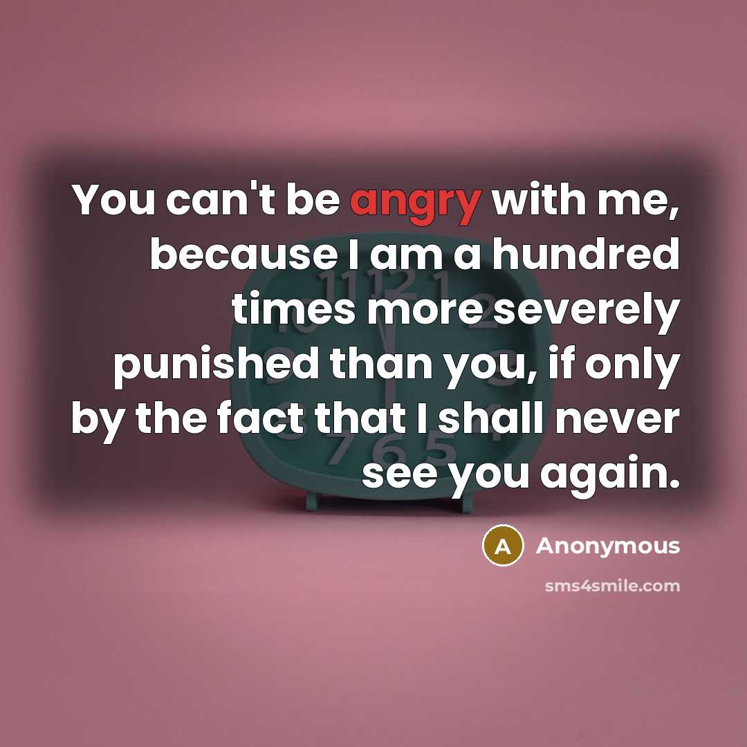 “You can't be angry with me, because I am a hundred times more severely punished than you, if only by the fact that I shall never see you again.” quote by Anonymous