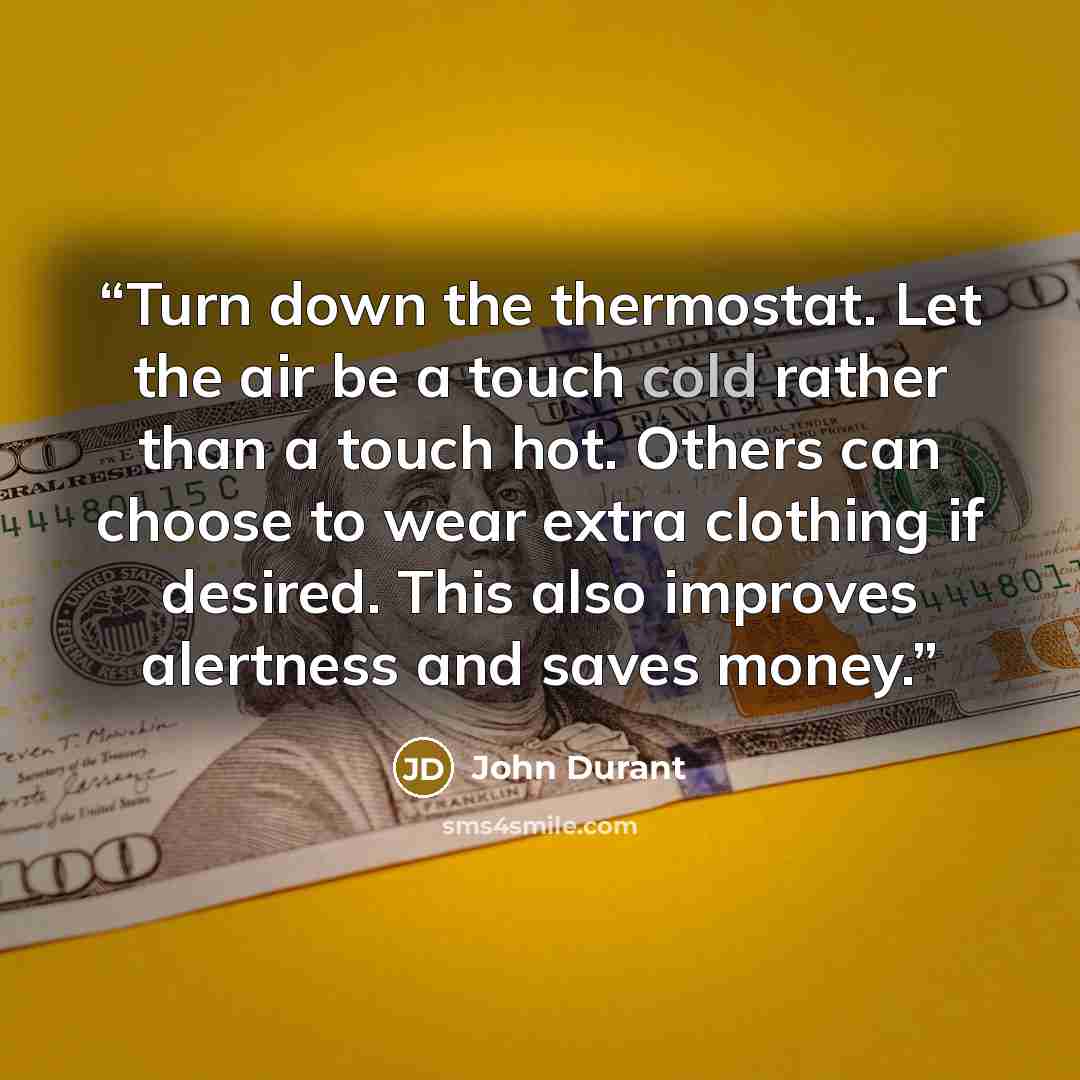 “Turn down the thermostat. Let the air be a touch cold rather than a touch hot. Others can choose to wear extra clothing if desired. This also improves alertness and saves money.” quote by John Durant