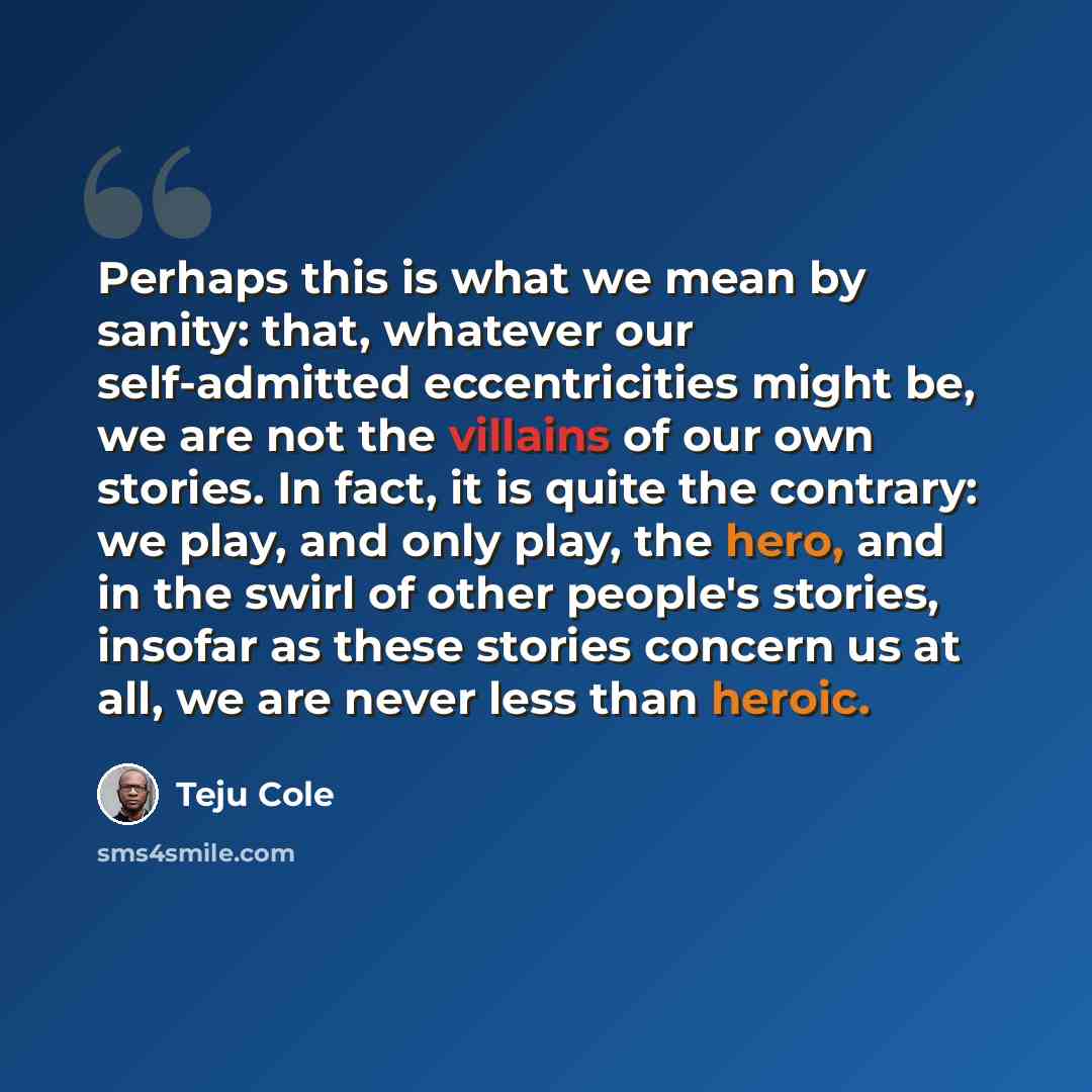 “Perhaps this is what we mean by sanity: that, whatever our self-admitted eccentricities might be, we are not the villains of our own stories. In fact, it is quite the contrary: we play, and only play, the hero, and in the swirl of other people's stories, insofar as these stories concern us at all…” quote by Teju Cole