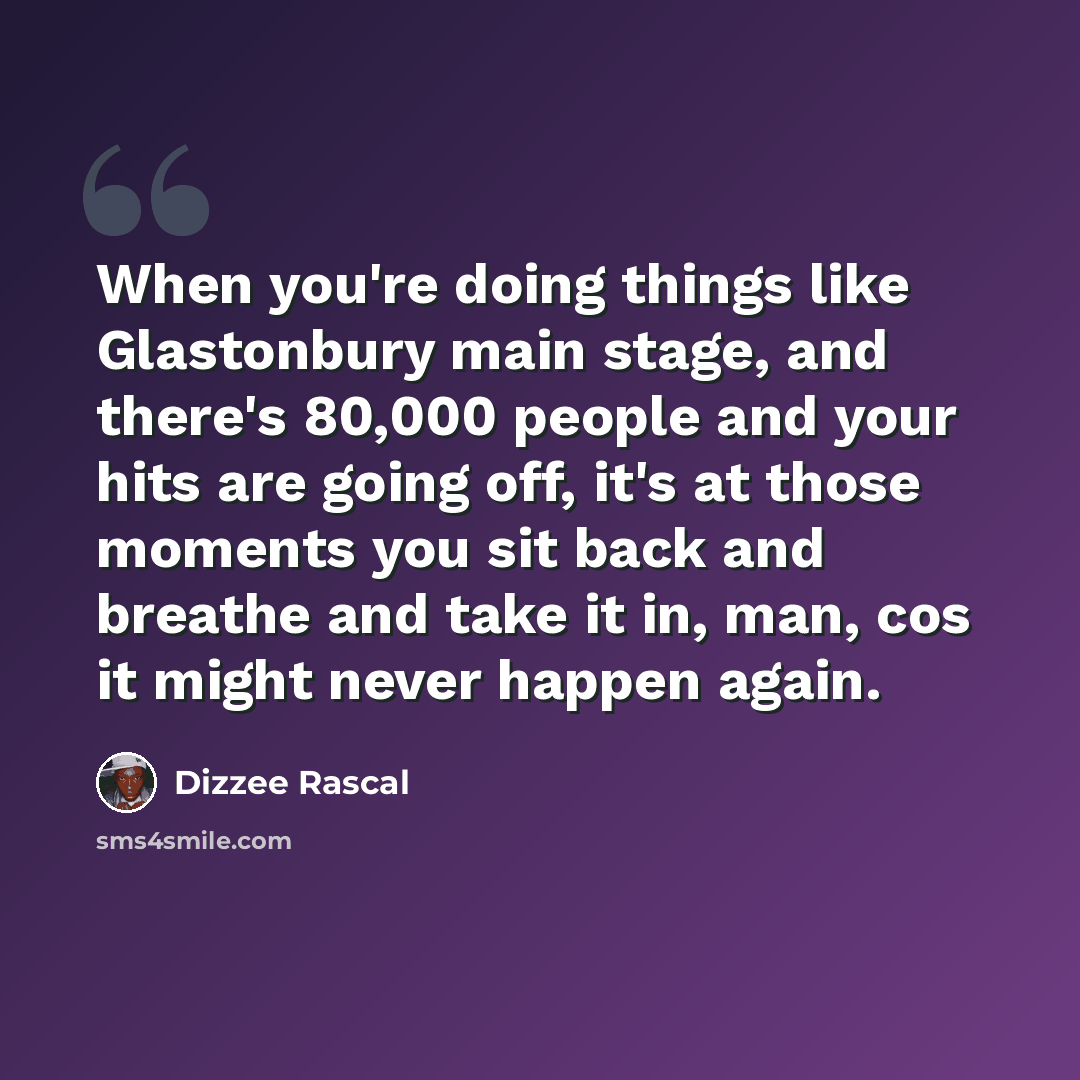 “When you're doing things like Glastonbury main stage, and there's 80,000 people and your hits are going off, it's at those moments you sit back and breathe and take it in, man, cos it might never happen again.” quote by Dizzee Rascal
