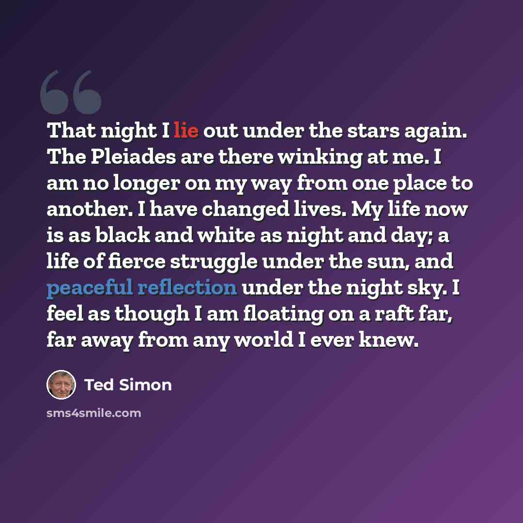 “That night I lie out under the stars again. The Pleiades are there winking at me. I am no longer on my way from one place to another. I have changed lives. My life now is as black and white as night and day; a life of fierce struggle under the sun, and peaceful reflection under the night sky. I…” quote by Ted Simon