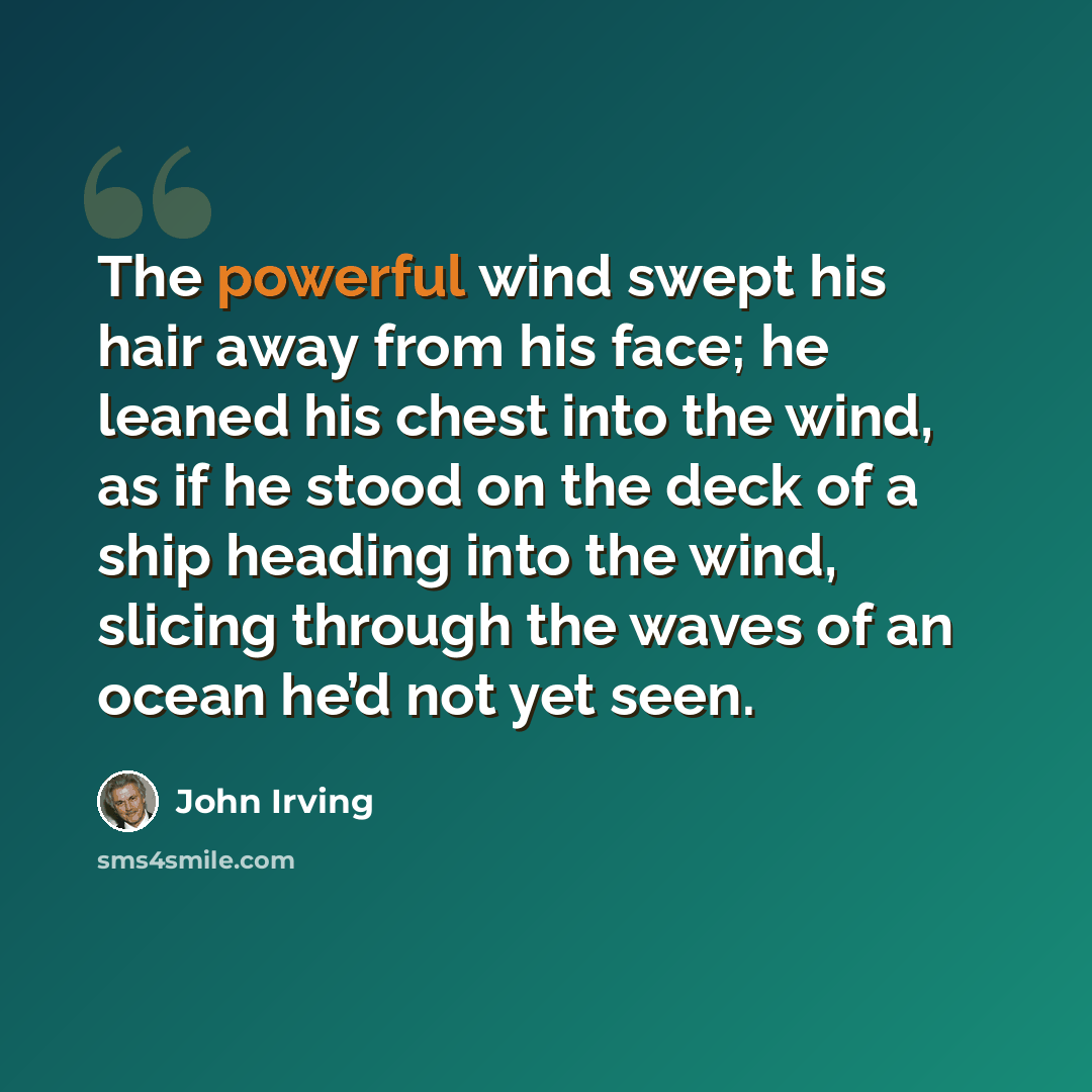 “The powerful wind swept his hair away from his face; he leaned his chest into the wind, as if he stood on the deck of a ship heading into the wind, slicing through the waves of an ocean he’d not yet seen.” quote by John Irving