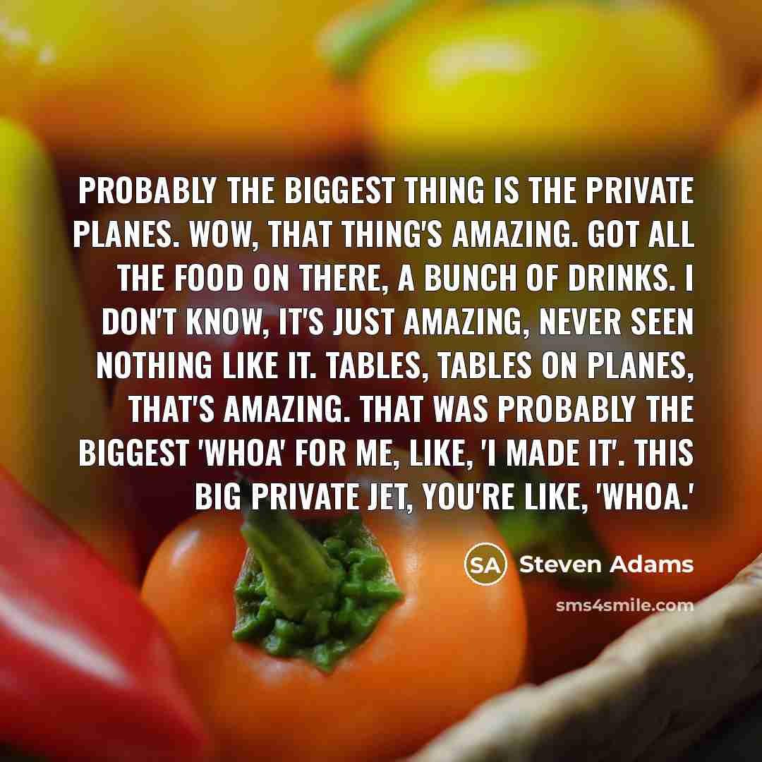 “Probably the biggest thing is the private planes. Wow, that thing's amazing. Got all the food on there, a bunch of drinks. I don't know, It's just amazing, never seen nothing like it. Tables, tables on planes, that's amazing. That was probably the biggest 'whoa' for me, like, 'I made it'. This big…” quote by Steven Adams
