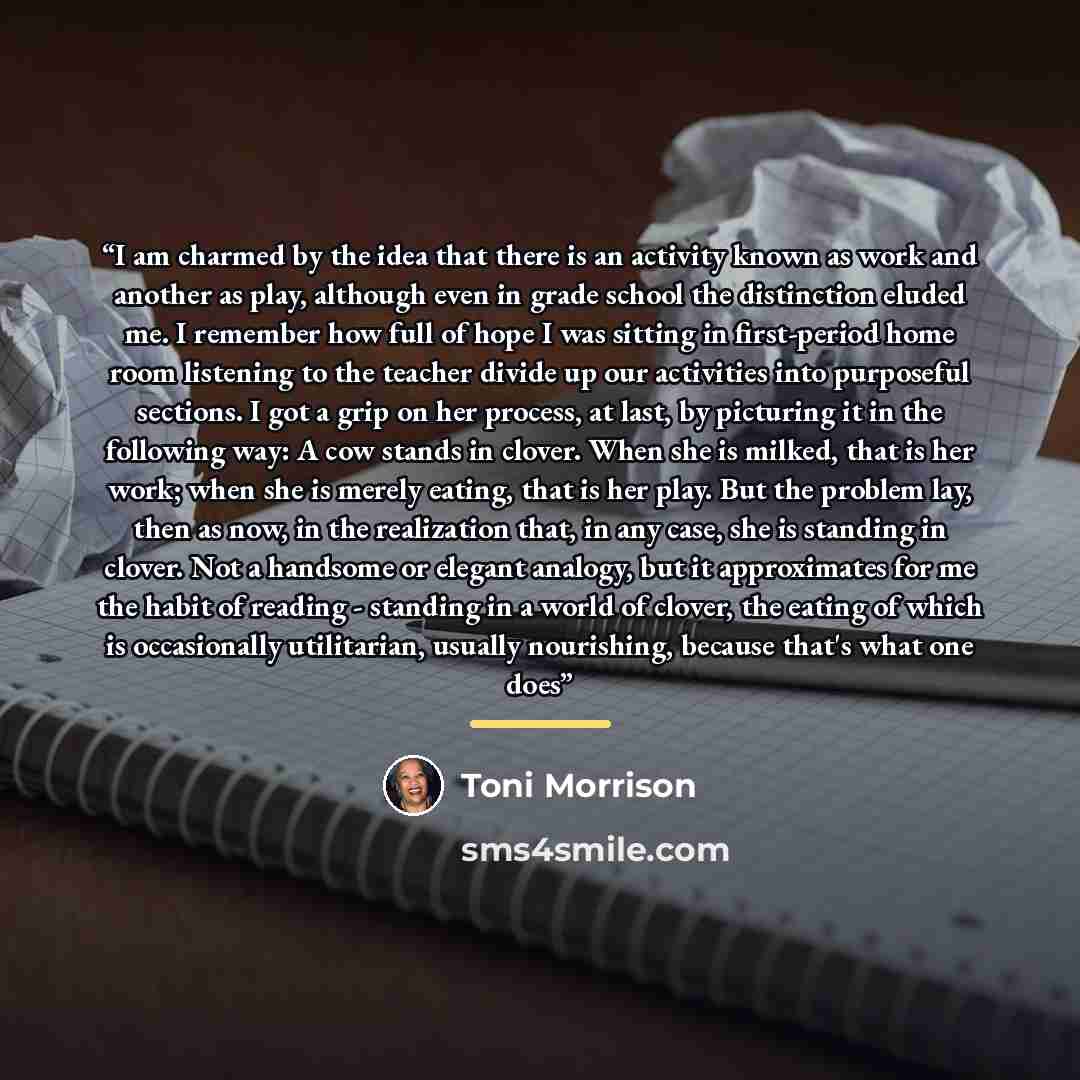 “I am charmed by the idea that there is an activity known as work and another as play, although even in grade school the distinction eluded me. I remember how full of hope I was sitting in first-period home room listening to the teacher divide up our activities into purposeful sections. I got a…” quote by Toni Morrison
