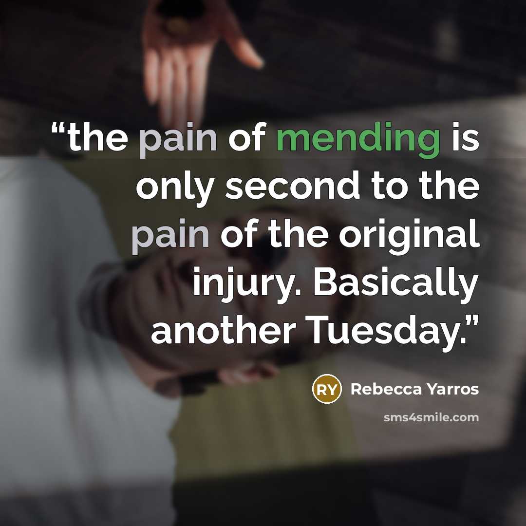 “the pain of mending is only second to the pain of the original injury. Basically another Tuesday.” quote by Rebecca Yarros