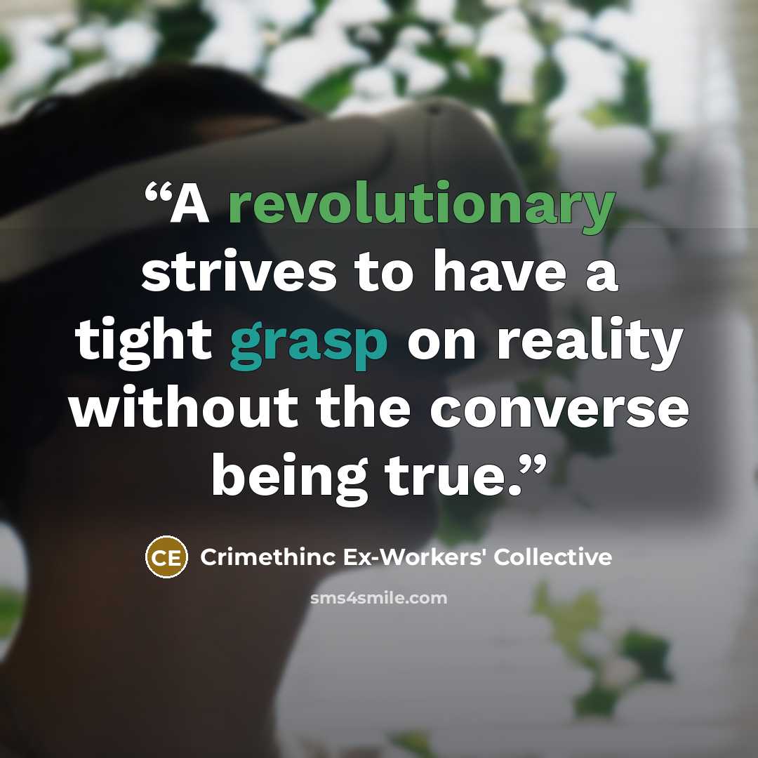 “A revolutionary strives to have a tight grasp on reality without the converse being true.” quote by Crimethinc Ex-Workers' Collective
