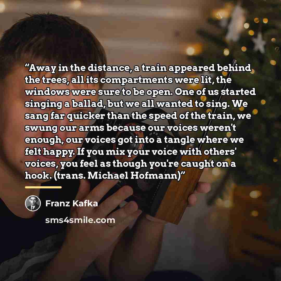 “Away in the distance, a train appeared behind the trees, all its compartments were lit, the windows were sure to be open. One of us started singing a ballad, but we all wanted to sing. We sang far quicker than the speed of the train, we swung our arms because our voices weren't enough, our voices…” quote by Franz Kafka