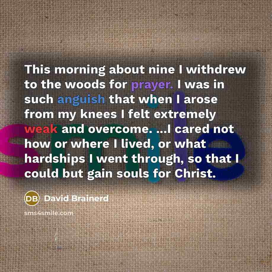 “This morning about nine I withdrew to the woods for prayer. I was in such anguish that when I arose from my knees I felt extremely weak and overcome. ...I cared not how or where I lived, or what hardships I went through, so that I could but gain souls for Christ.” quote by David Brainerd