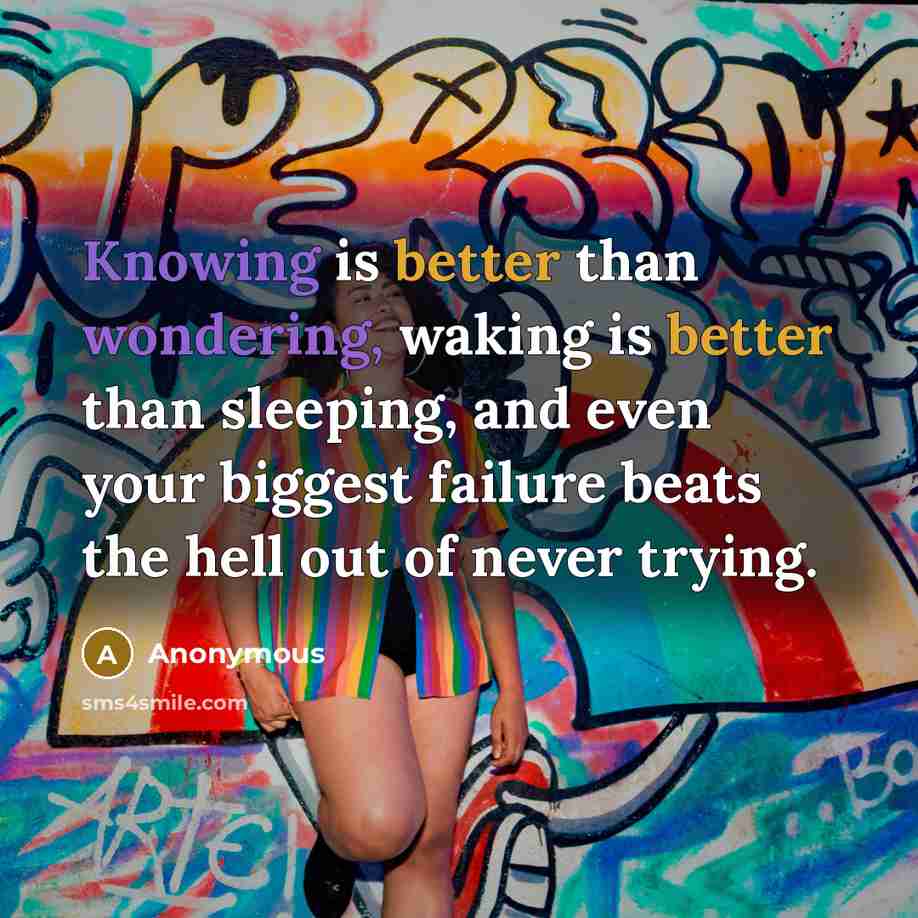 “Knowing is better than wondering, waking is better than sleeping, and even your biggest failure beats the hell out of never trying.” quote by Anonymous