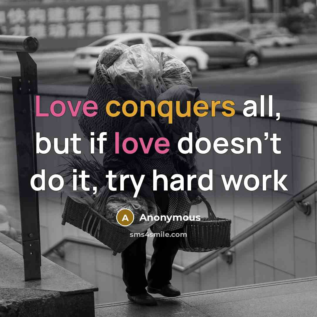“Love conquers all, but if love doesn't do it, try hard work” quote by Anonymous