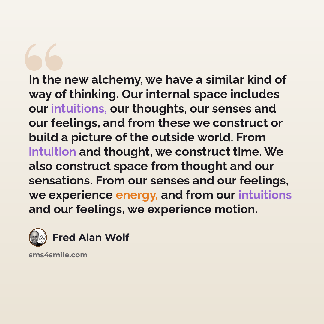 “In the new alchemy, we have a similar kind of way of thinking. Our internal space includes our intuitions, our thoughts, our senses and our feelings, and from these we construct or build a picture of the outside world. From intuition and thought, we construct time. We also construct space from…” quote by Fred Alan Wolf