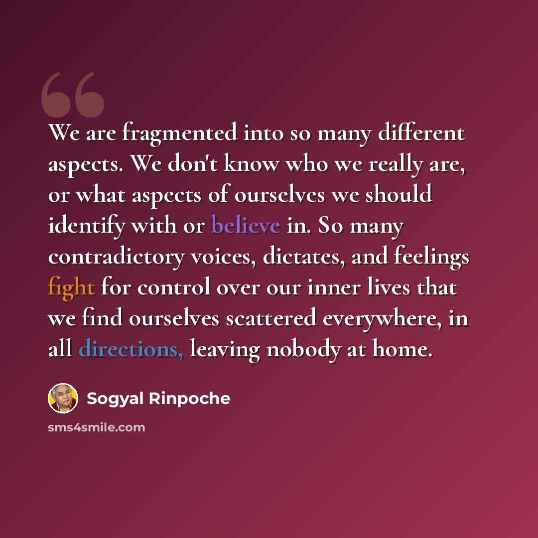 “We are fragmented into so many different aspects. We don't know who we really are, or what aspects of ourselves we should identify with or believe in. So many contradictory voices, dictates, and feelings fight for control over our inner lives that we find ourselves scattered everywhere, in all…” quote by Sogyal Rinpoche