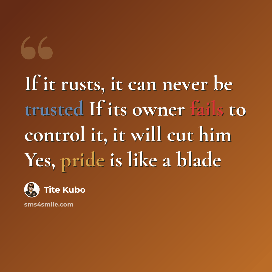 “If it rusts, it can never be trusted If its owner fails to control it, it will cut him Yes, pride is like a blade” quote by Tite Kubo