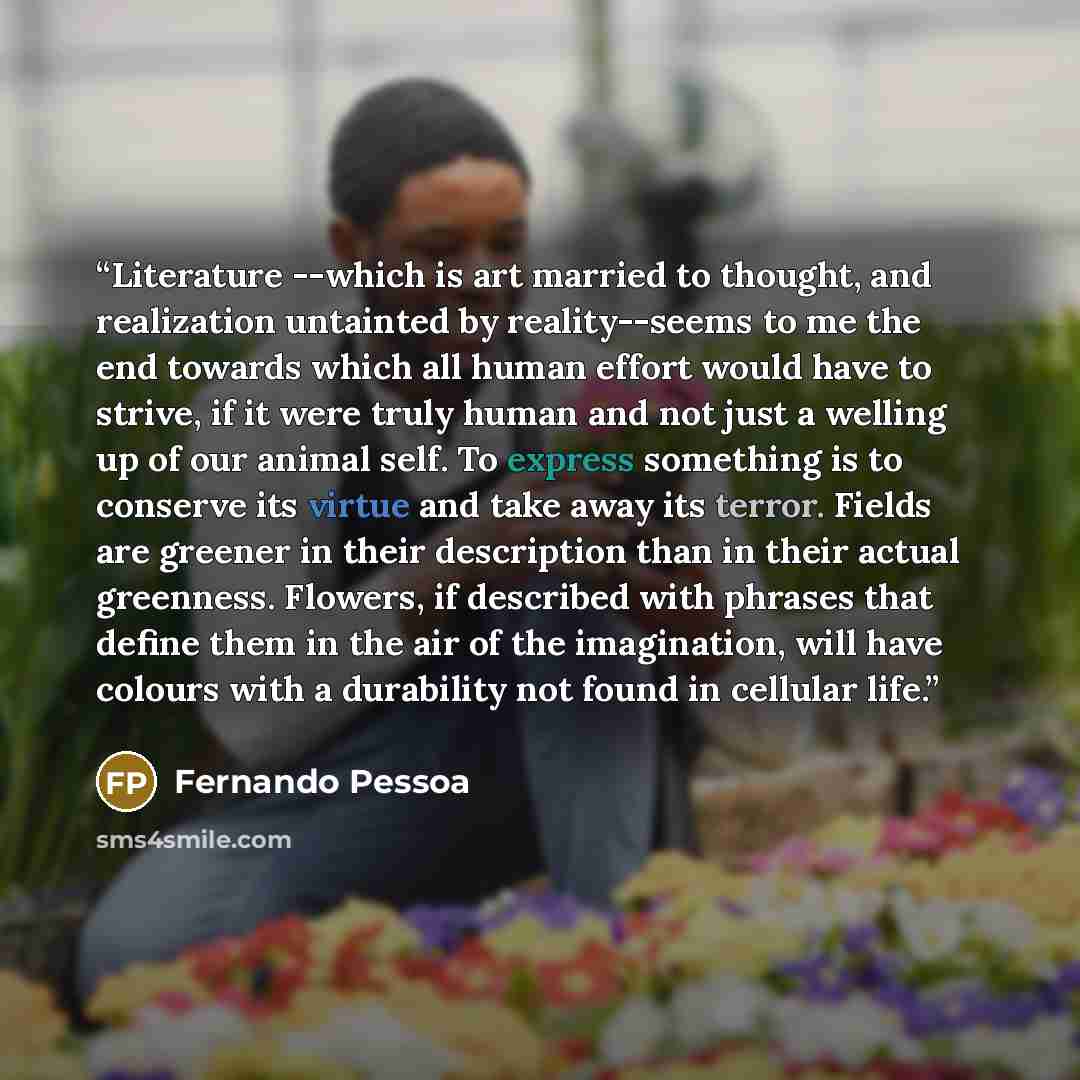 “Literature --which is art married to thought, and realization untainted by reality--seems to me the end towards which all human effort would have to strive, if it were truly human and not just a welling up of our animal self. To express something is to conserve its virtue and take away its terror…” quote by Fernando Pessoa