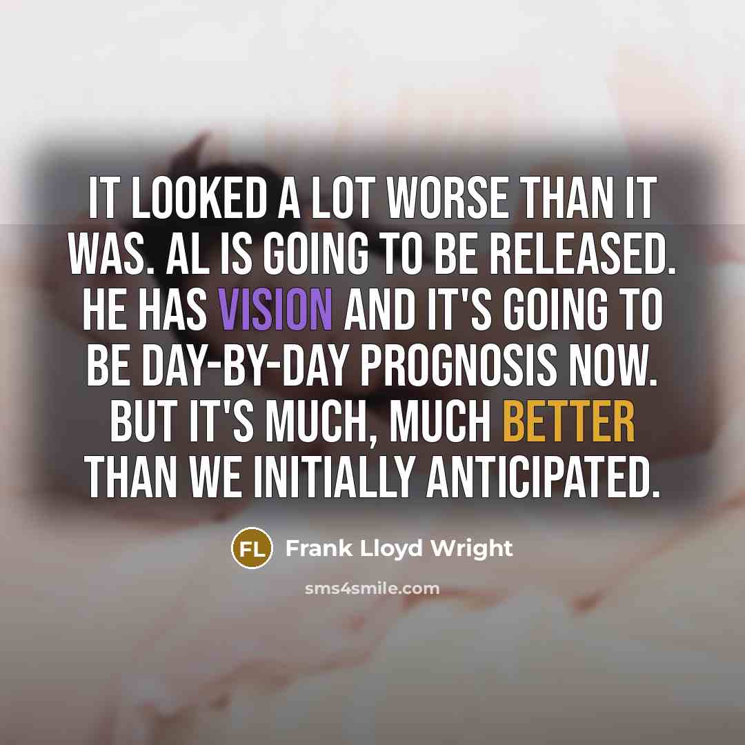 “It looked a lot worse than it was. Al is going to be released. He has vision and it's going to be day-by-day prognosis now. But it's much, much better than we initially anticipated.” quote by Frank Lloyd Wright