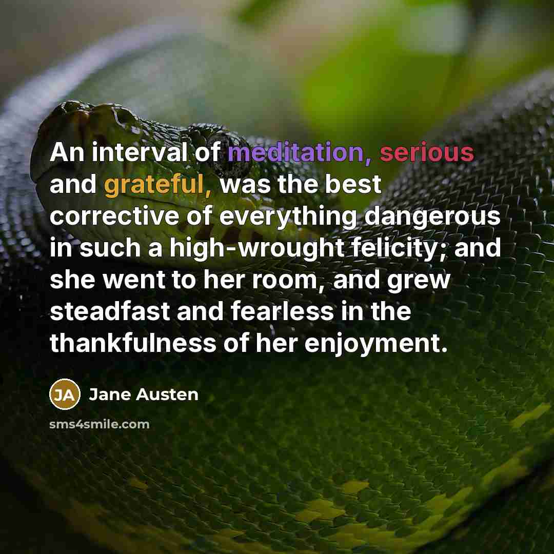 “An interval of meditation, serious and grateful, was the best corrective of everything dangerous in such a high-wrought felicity; and she went to her room, and grew steadfast and fearless in the thankfulness of her enjoyment.” quote by Jane Austen