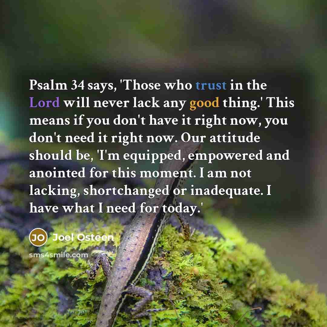 “Psalm 34 says, 'Those who trust in the Lord will never lack any good thing.' This means if you don't have it right now, you don't need it right now. Our attitude should be, 'I'm equipped, empowered and anointed for this moment. I am not lacking, shortchanged or inadequate. I have what I need for…” quote by Joel Osteen