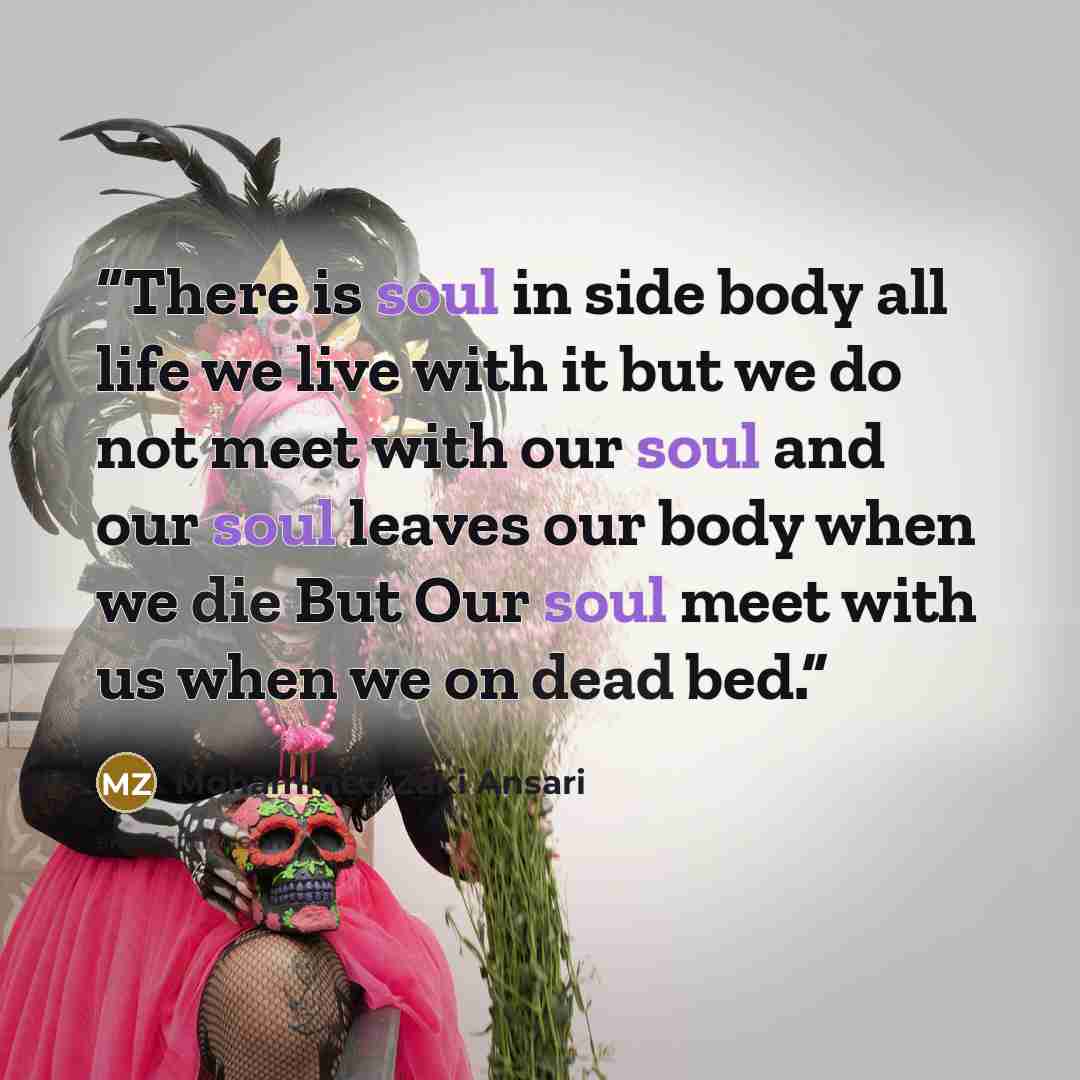 “There is soul in side body all life we live with it but we do not meet with our soul and our soul leaves our body when we die But Our soul meet with us when we on dead bed.” quote by Mohammed Zaki Ansari