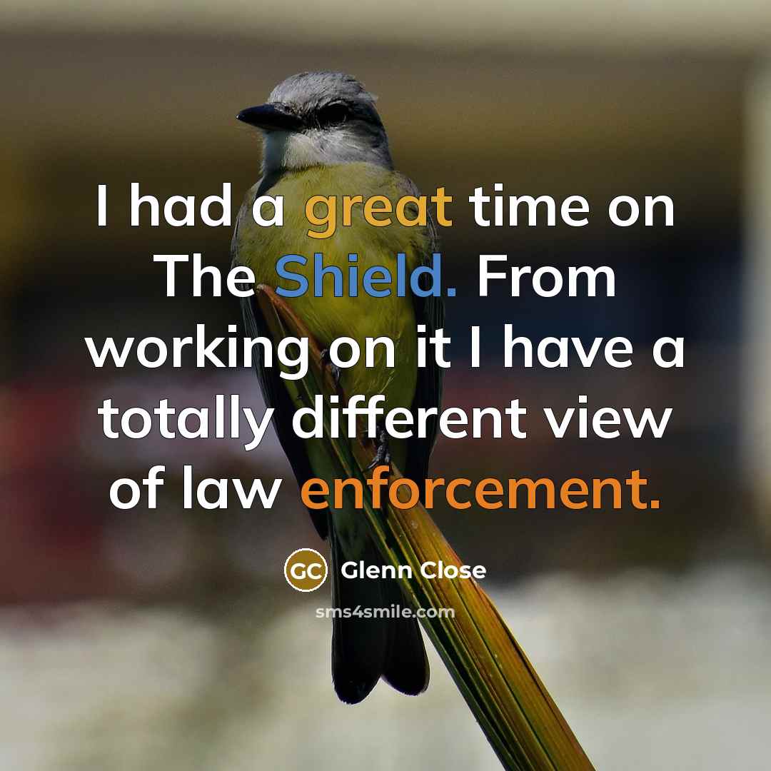“I had a great time on The Shield. From working on it I have a totally different view of law enforcement.” quote by Glenn Close